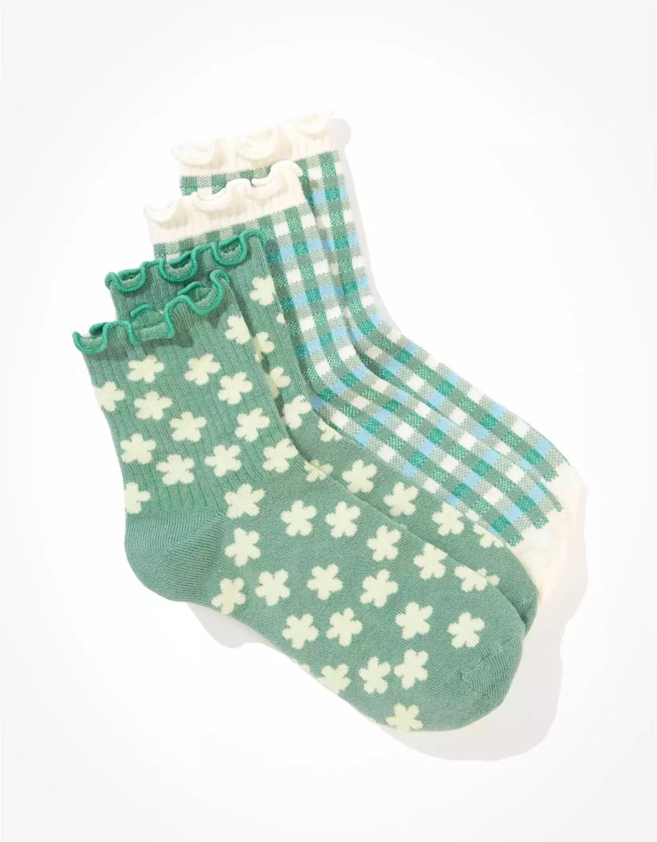 Chaussettes American Eagle AE Daisy Gingham Ruffle Boyfriend Sock 2-Pack Vert Olive Femme | MXX-27734735